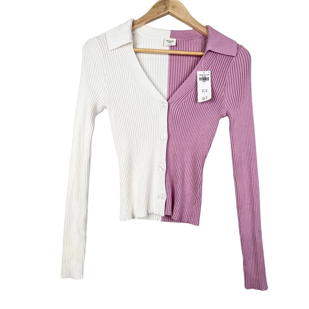 NWT Abercrombie & Fitch Colorblock Pink/White Ribbed V-Neck Sweater Cardigan S
